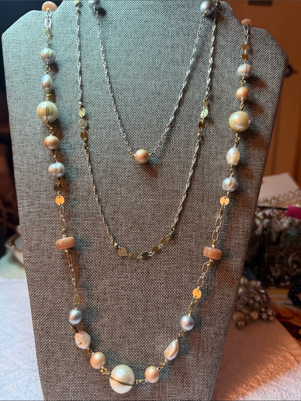 Nakamol Layered Gold/Silver Tone and White and gray Pearl Necklace